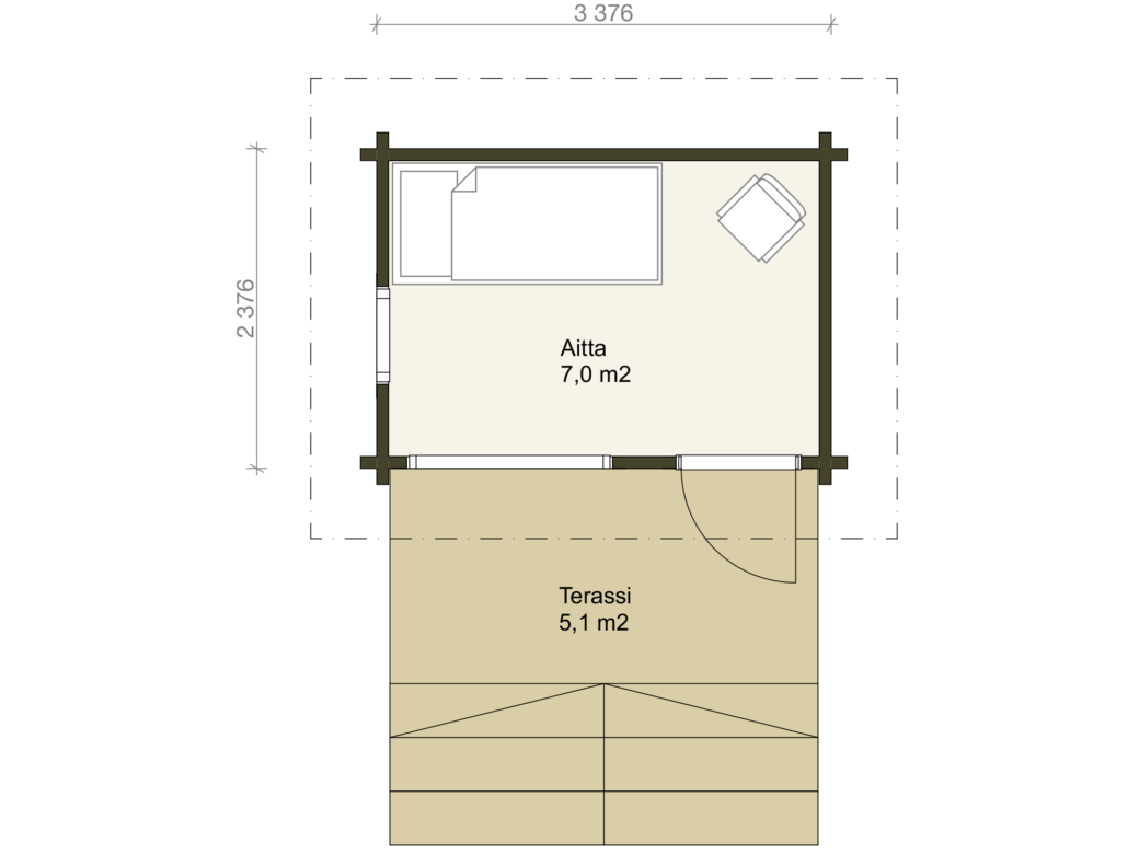 Salvos Veisto -pienen hirsiaitan pohjapiirros aittahuoneella ja terassilla