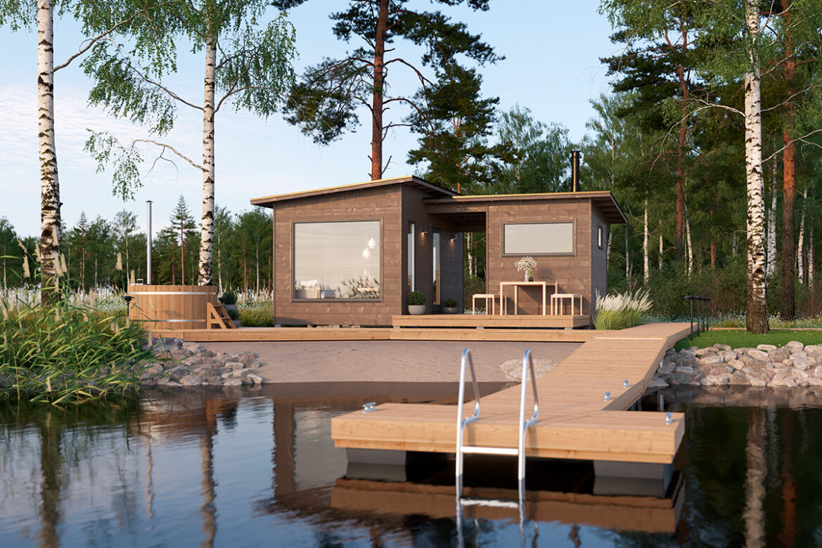 Salvos Luppo -hirsimökki ruskealla puuverhouksella ja paljulla järven rantapihalla (3D-havainnekuva)