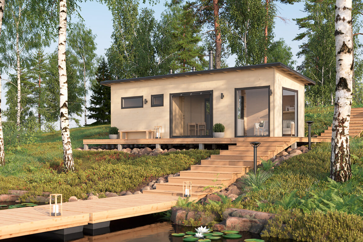 Vaalea Salvos-pihasauna rinteessä koivikon ja laiturin äärellä päivänvalossa (3D-havainnekuva)