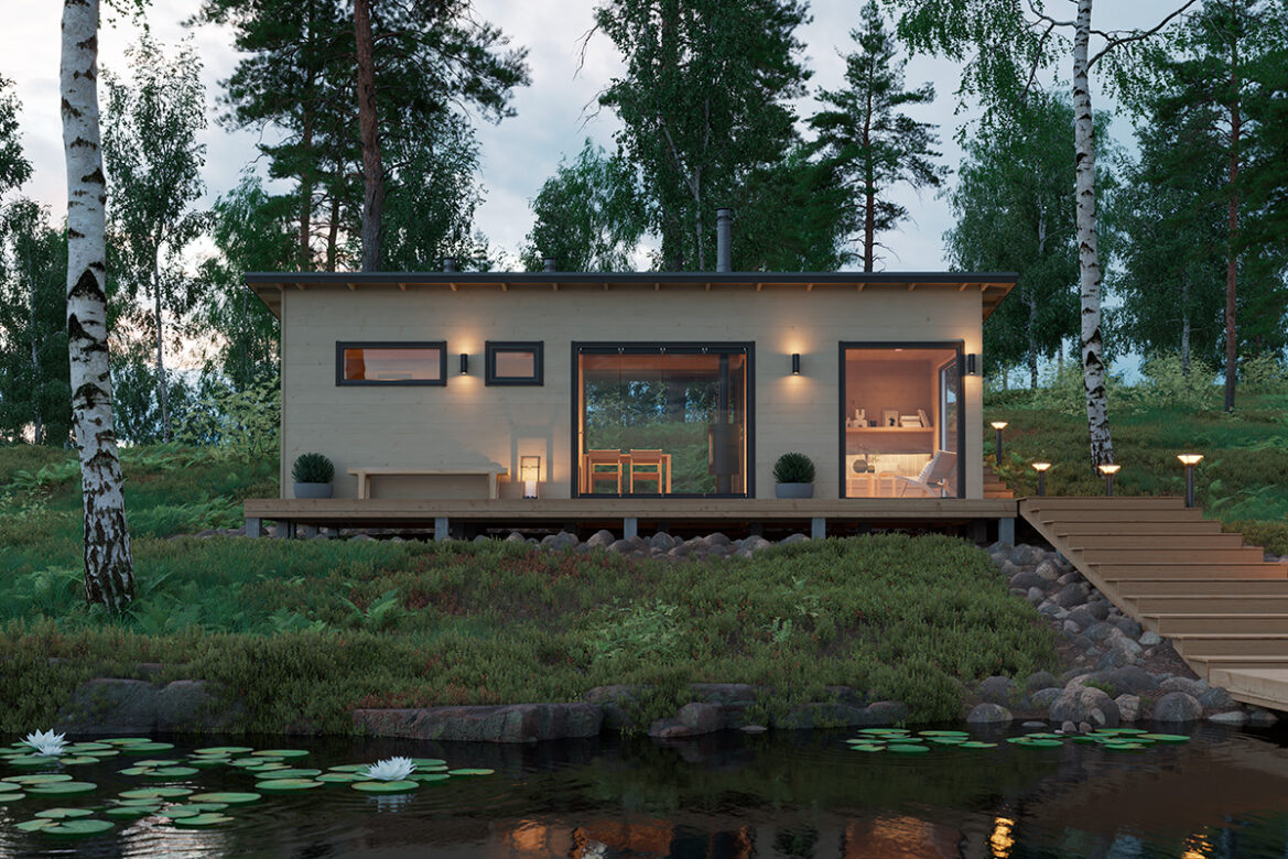 Valaistu vaalea Salvos-pihasauna iltahämärässä rannan ja lumpeiden äärellä (3D-havainnekuva)