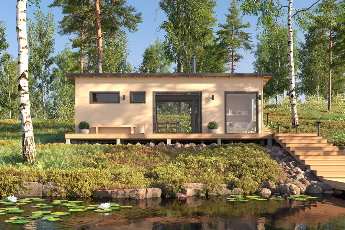 Vaalea Salvos-pihasauna lammen rannalla rappusilla ja koivujen ympäröimänä (3D-havainnekuva)