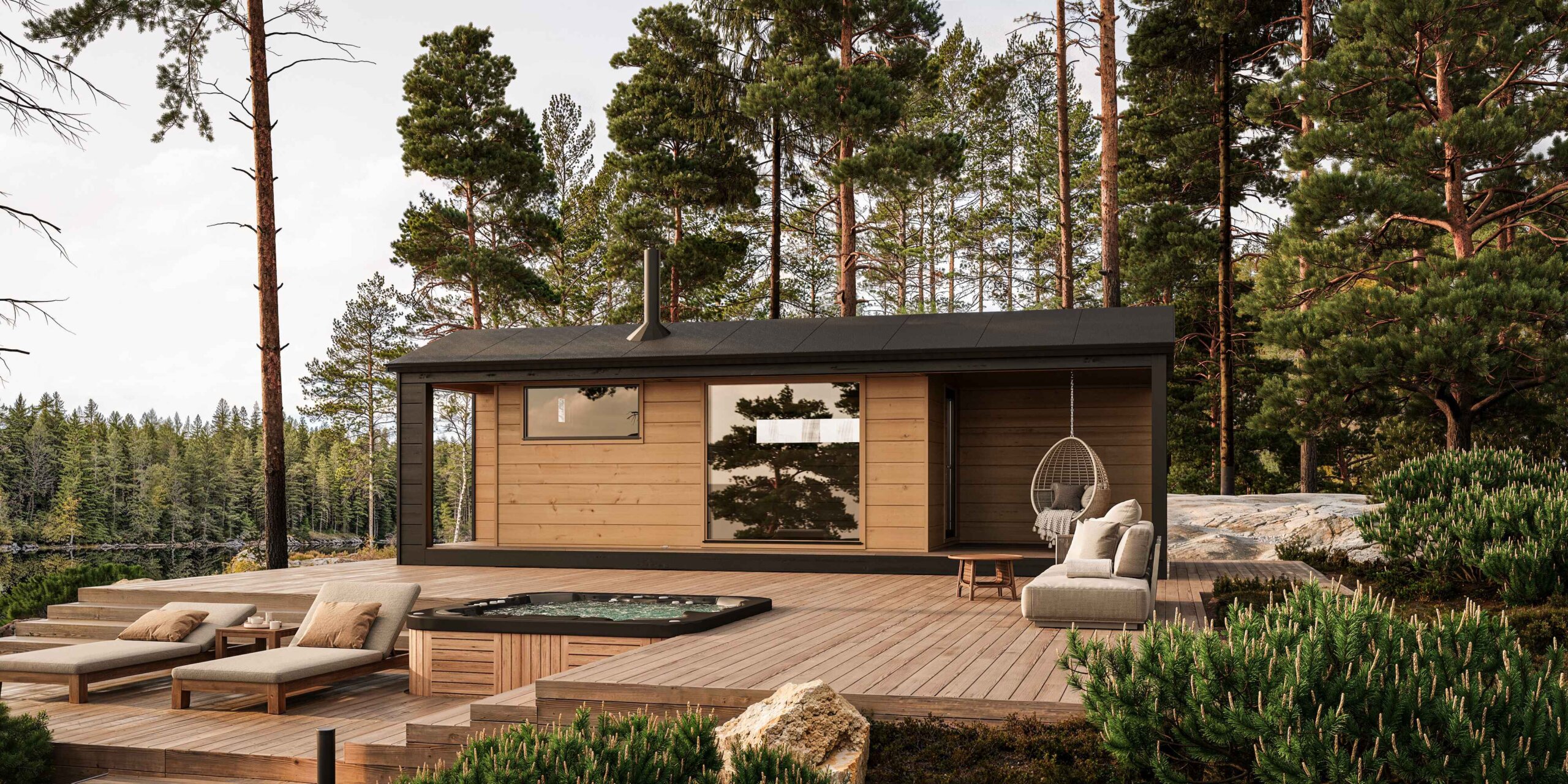 Veisto saunatupa edestäpäin kuvattuna