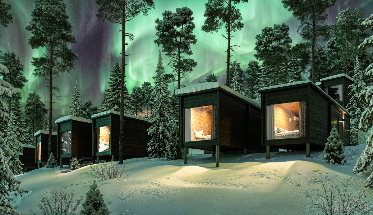 Salvos Arctic -matkailumökkien rivi revontulien alla lumisessa metsässä (3D-havainnekuva)