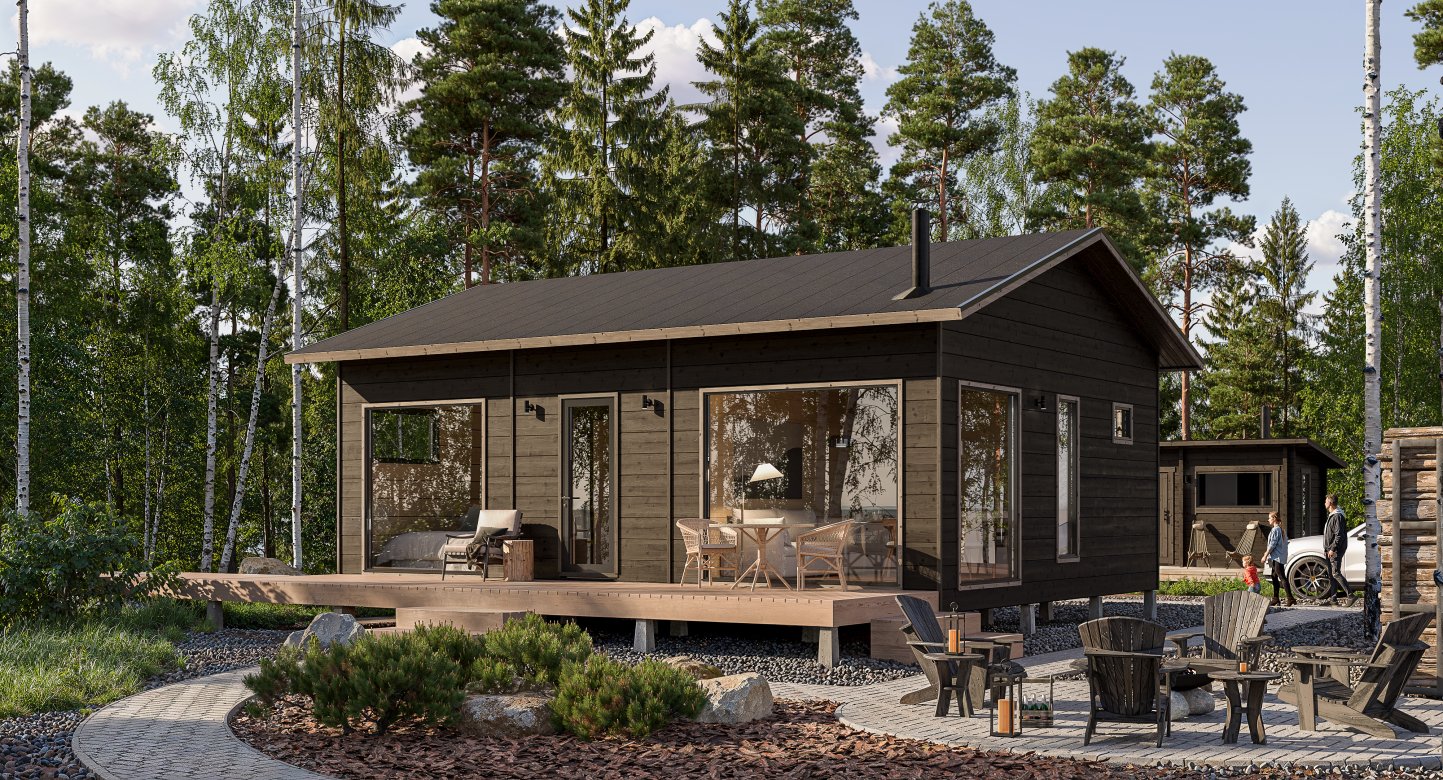 Tummanruskea Salvos Vaarna 64 -hirsimökki, terassi ja nuotiotuolit kivetyllä pihalla metsän reunassa (3D-havainnekuva)