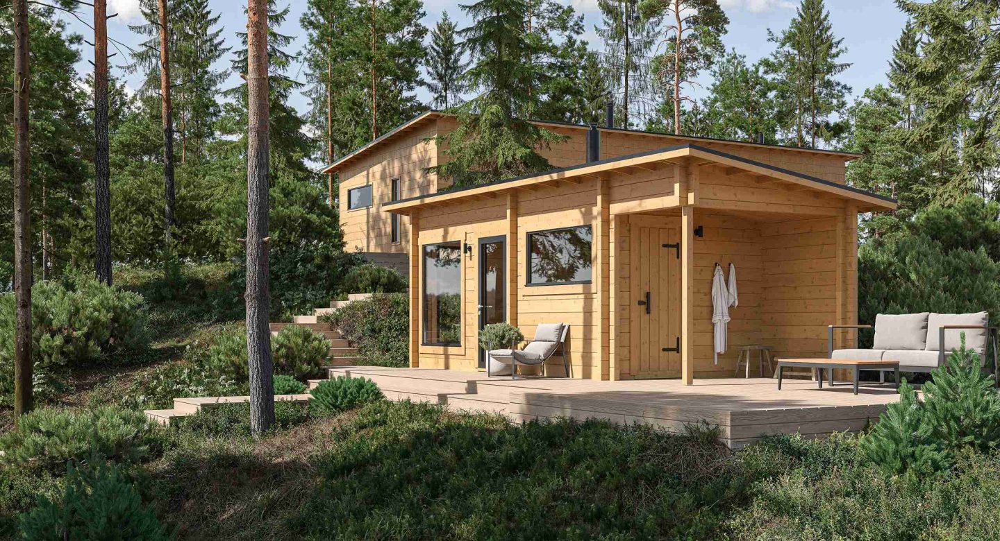 Salvos Veisto saunatupa vaaleasta hirrestä terassilla mäntymetsässä (3D-havainnekuva)