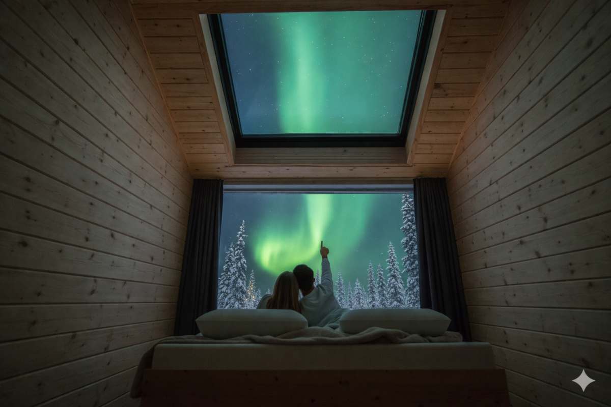 Sleeping area of a Salvos cabin with a skylight showing the Northern Lights in the night sky (3D rendering)