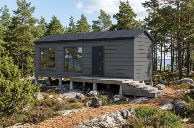 Salvos Veisto 29 -pihasauna tummalla panelivuorauksella kallioisella metsätontilla