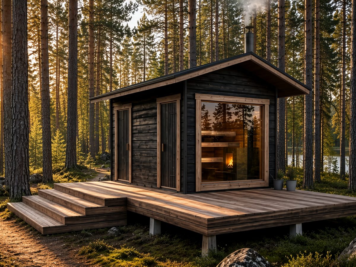 Salvos Sauna 9 pihasauna männikössä, savu nousee piipusta