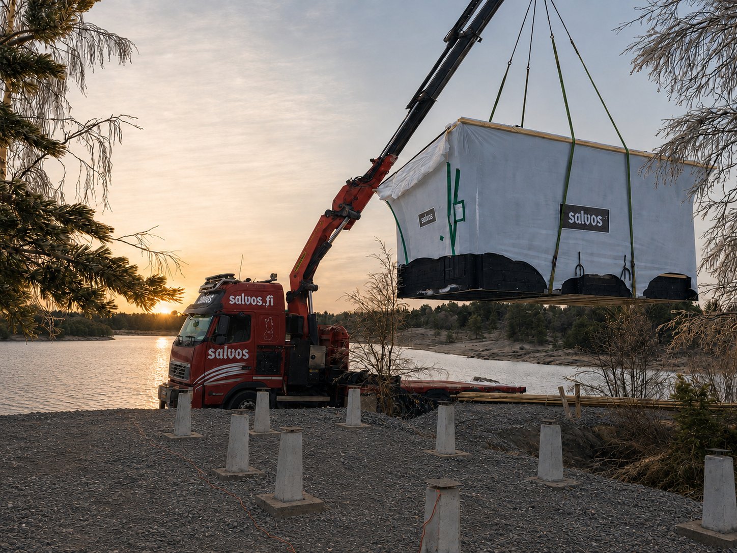 Salvos-A crane truck lifts a pre-fabricated log building, already covered with protective sheeting, onto its foundation pillars on the lakeshore at sunset