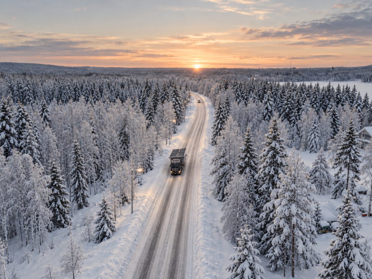 A truck transporting a log building along a snowy forest road at sunset